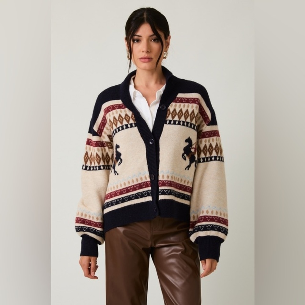 Western Horse & Cowgirl Fair Isle Cardigan Sweater - Sunday Edition - Picture 2 of 9